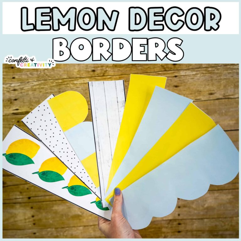 Shows the borders fanned out with a wood looking bulletin board paper in the background and "Lemon Decor Borders" text at the top of the image