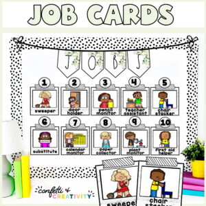 Shows the classroom job cards on a stock photo of a bulletin board. Includes "Job Cards" text at the top of the image