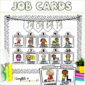 Shows the classroom job cards on a stock photo of a bulletin board. Includes "Job Cards" text at the top of the image