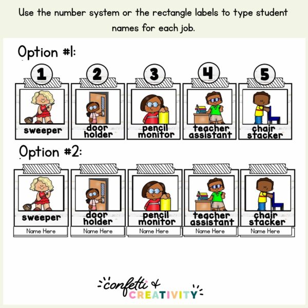 Modern Farmhouse Primary Job Cards 2 Shows two different ways that the job cards can be set up. Shows a number system and the option to add names