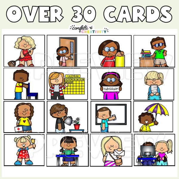 Modern Farmhouse Primary Job Cards 3 Shows 16 examples of job cards with the text "Over 30 cards" text at the top of the image