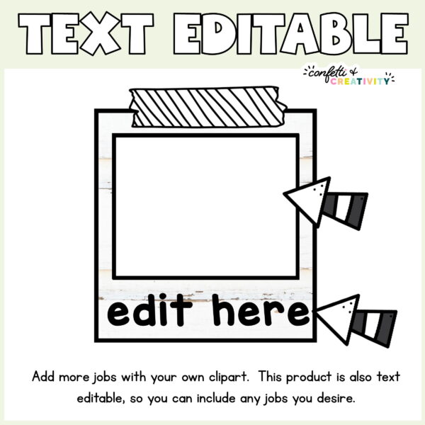 Modern Farmhouse Primary Job Cards 4 Shows a frame of that the classroom job cards go on with the text "Edtiable" at the top of the image