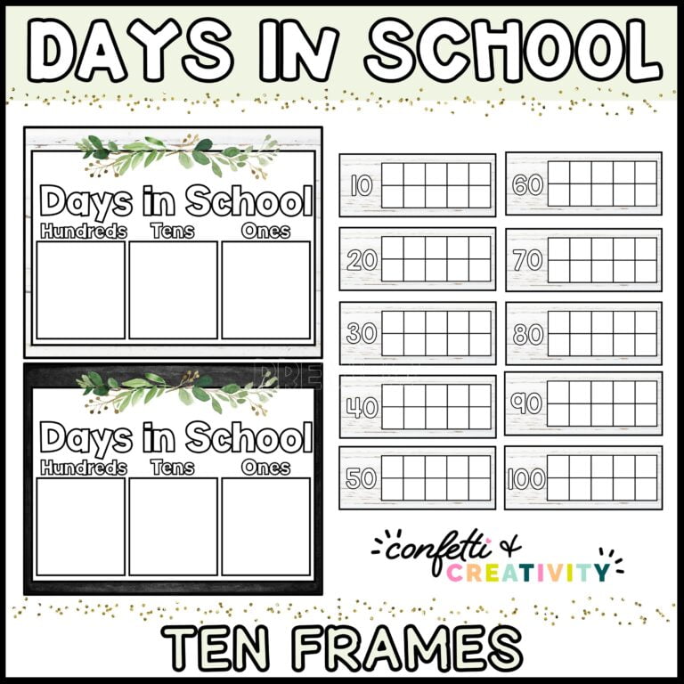 Shows the ten frame and page to count the number of days in school