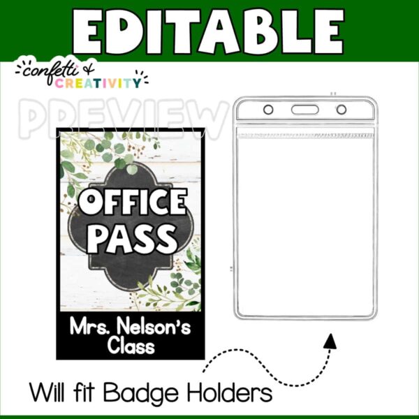 Modern Farmhouse Hall Pass 2jpeg Shows an example of an "office pass" that fits inside of a lanyard plastic holder