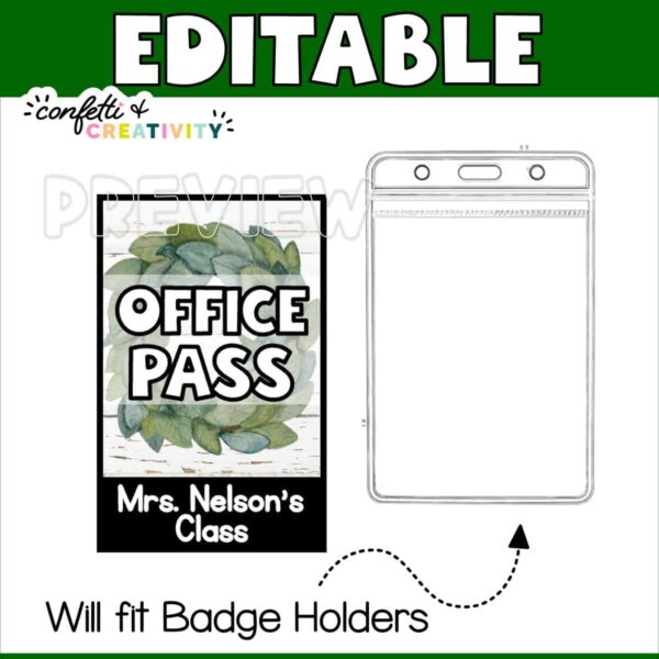 Modern Farmhouse Hall Pass 4 Shows an example of an "office pass" that fits inside of a lanyard plastic holder