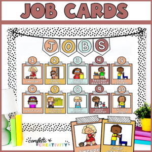 Shows the classroom job cards with clipart set up on a stock photo bulletin board