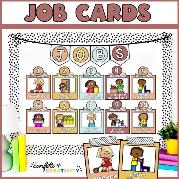 Shows the classroom job cards with clipart set up on a stock photo bulletin board