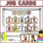 Shows the classroom job cards with clipart set up on a stock photo bulletin board