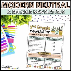 Shows the example of a newsletter template on a stock photo of a desk