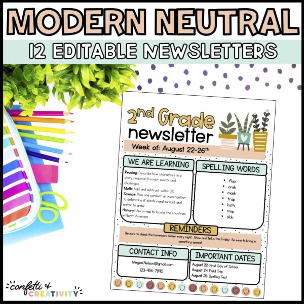 Shows the example of a newsletter template on a stock photo of a desk