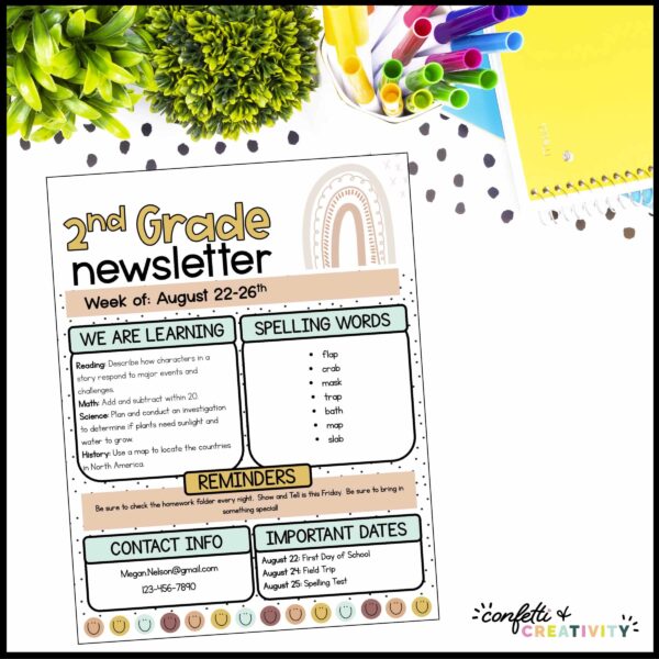 Modern Neutral Classroom Newsletters - Stock Photo Shows an example of a neutral newsletter template with a boho rainbow clipart option