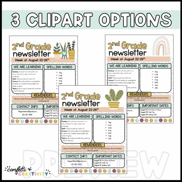 Modern Neutral Classroom Newsletters - Clipart Options Shows all three clipart examples for the newsletters