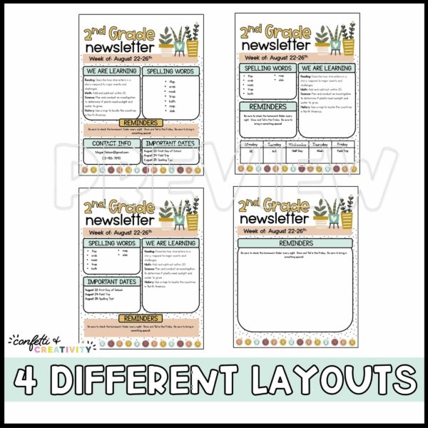 Modern Neutral Classroom Newsletters - Layout Options Shows the four newsletter template options