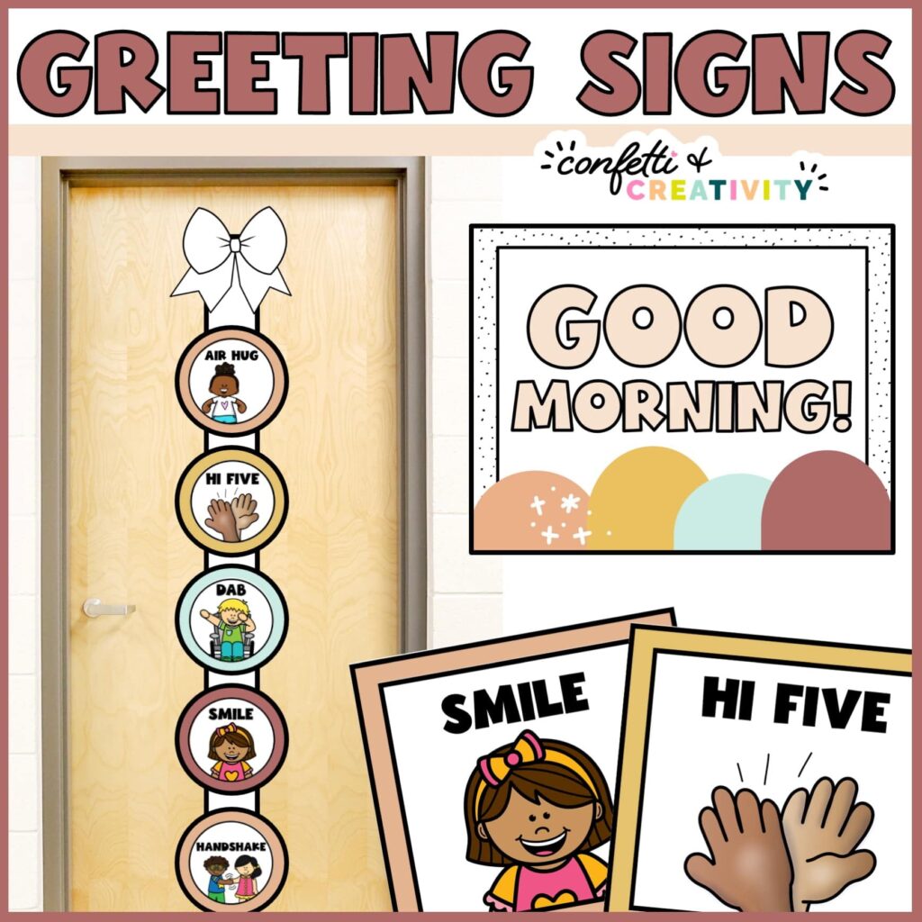 Shows what the morning greeting signs can look like with a ribbon on a classroom front door