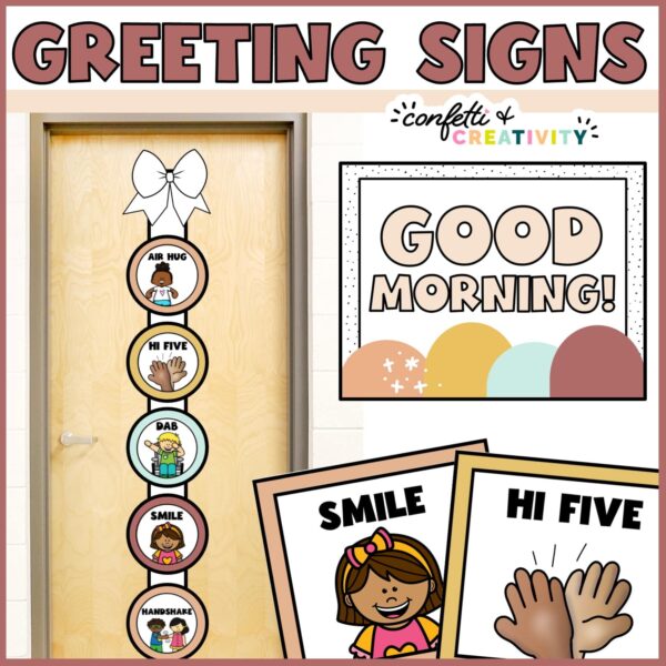 Shows what the morning greeting signs can look like with a ribbon on a classroom front door