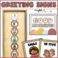 Shows what the morning greeting signs can look like with a ribbon on a classroom front door