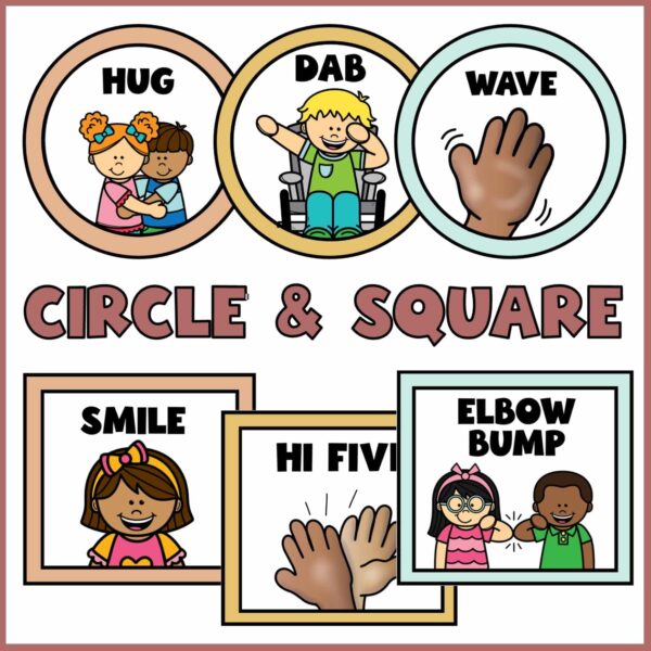 Modern Neutral Morning Greeting Signs - Circles and Squares Shows circles and squares with the morning greeting options on them