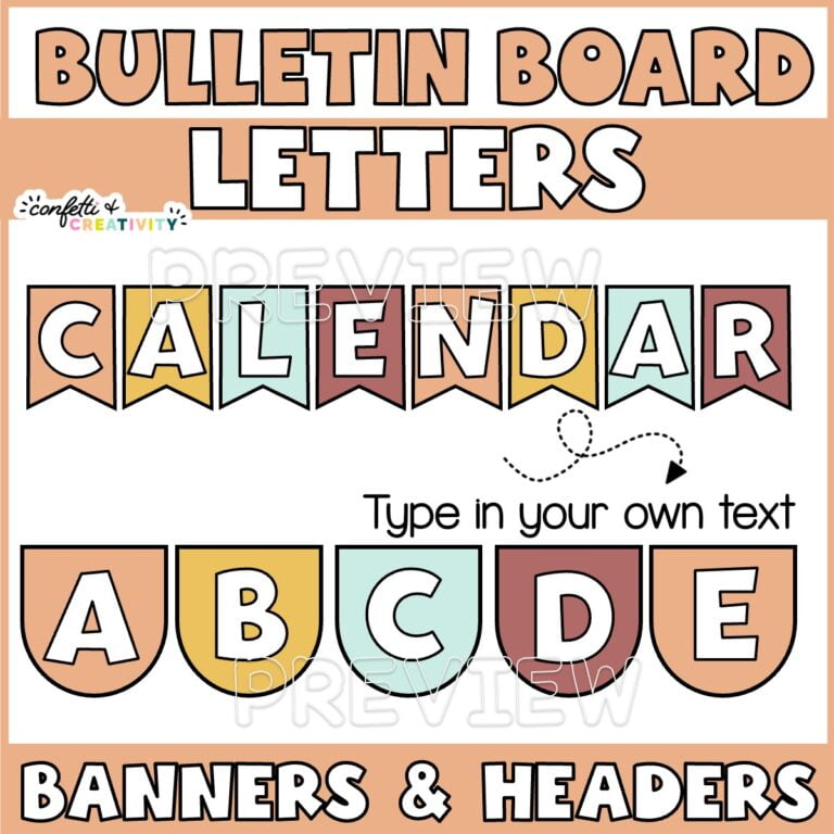Shows the header "calendar" with bunting shapes. Text says "Bulletin Board Letters"
