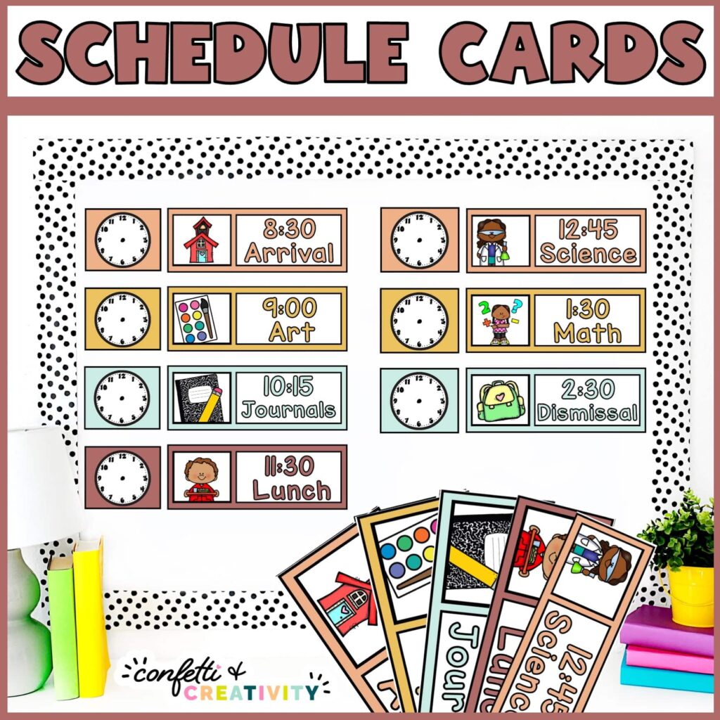 Shows the visual schedule set up on a stock photo bulletin board