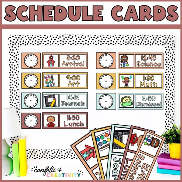 Shows the visual schedule set up on a stock photo bulletin board