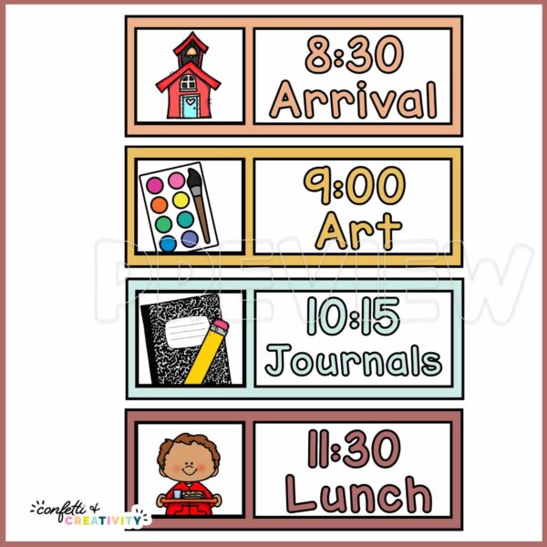 Modern Neutral Visual Cards - Example of Schedule Set Up Shows the visual schedule example set up. Features "Arrival", "art, and more cards
