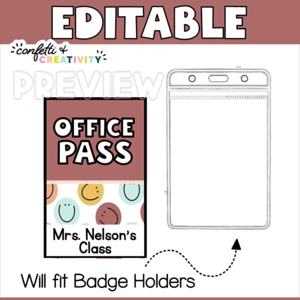 Modern Neutrals Hall Pass 6 Shows an office hall pass example next to a plastic lanyard attachment to show that the hall pass can fit in the lanyard. The text "editable" is at the top of the image