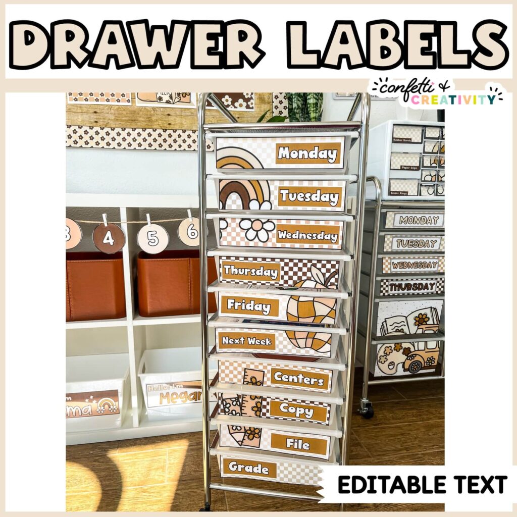 Shows what the entire cart label looks like with text "10 Drawer Labels" at the top of the image