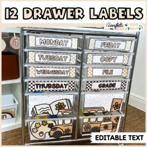 Shows what the 12 drawer cart looks like with neutral labels and the text "12 drawer labels" at the top of the image