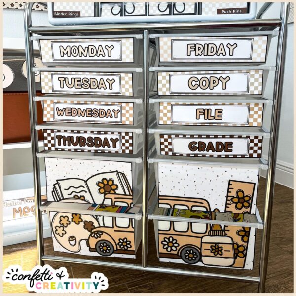 Neutral Drawer Cart Labels - Physical Picture Shows one of the design options for a 12 drawer cart labels