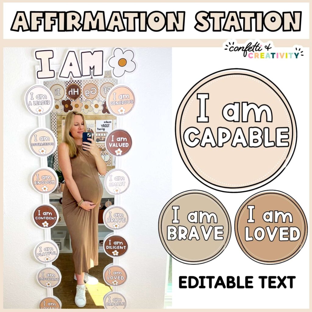 Shows Megan taking a picture in the affirmation mirror with examples of affirmation labels on the left of the image
