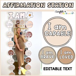 Shows Megan taking a picture in the affirmation mirror with examples of affirmation labels on the left of the image