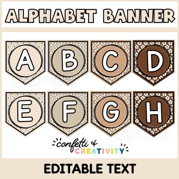 Shows the alphabet banner from letters A to H with the text "Alphabet Banner" at the top of the image
