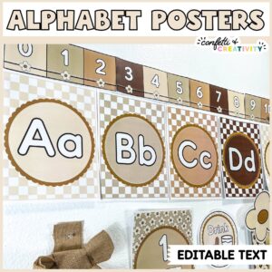 Shows a set of alphabet posters set up on the wall
