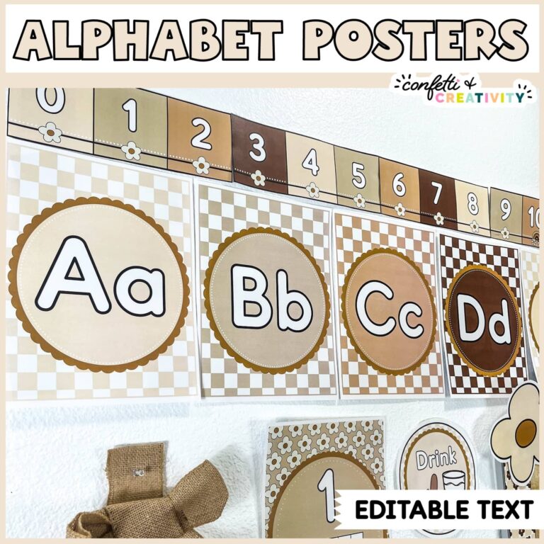 Shows a set of alphabet posters set up on the wall