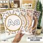 Shows a set of alphabet posters with a pencil and neutral colored background