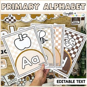 Shows alphabet with picture posters fanned out with the text "alphabet posters" at the top of the image