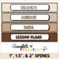 Shows examples of binder spines with subjects written on them