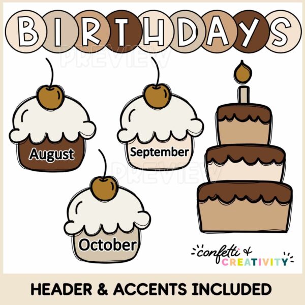Neutral Birthday Board - Clipart Examples Shows cliaprt included in the birthday board such as cupcakes and the cake