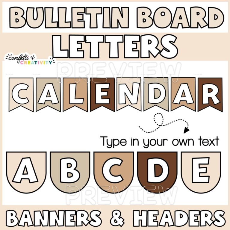 Has "Bulletin Board Letters" text at the top of the image, with an example of "calendar" in a bunting shape. Also contains text "type in your own text" with an arrow pointing to letters A through F
