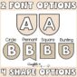 Shows two different bunting options for the letter A with different fonts. Also shows four different shape options a teacher can use for their bulletin board