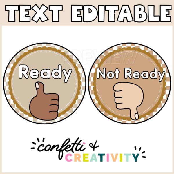 Neutral Classroom Hand Signals - Examples Shows "text editable" at top of the picture with "ready" and "not ready" hand signal cards