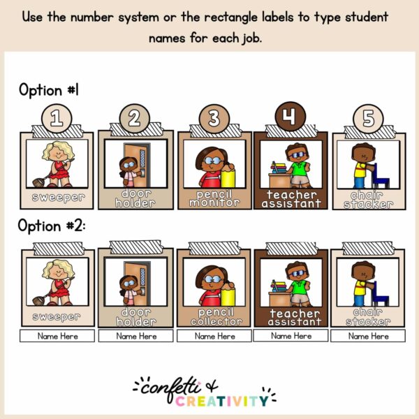 Neutral Classroom Jobs - Set up Options Shows two different options for setting up the classroom jobs system. One includes numbers, the other student names