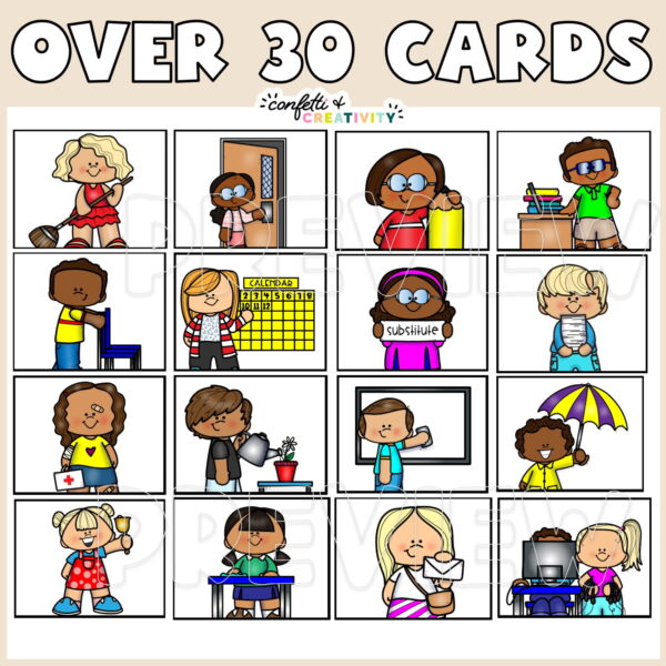 Neutral Classroom Jobs - Job Examples Shows 16 job cards with the text "Over 30 cards" at the top of the image