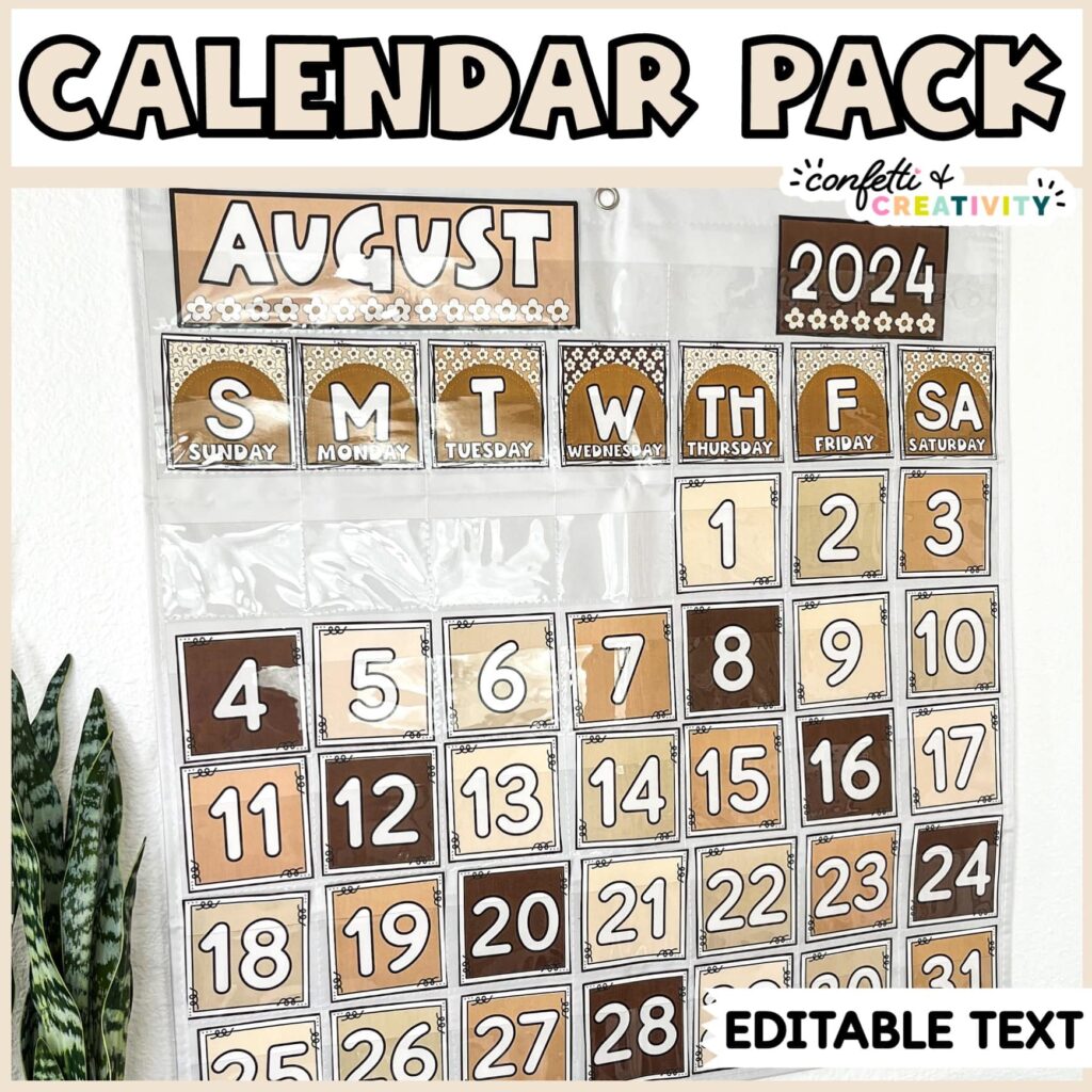 Shows text "Calendar Pack" at the top of the image with an example of the calendar set up