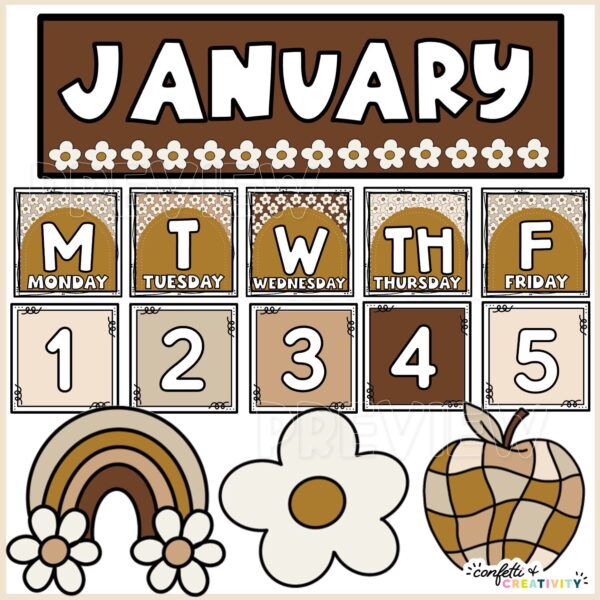 Neutral Classroom Calendar - Close Up of Days of the Week Shows January at the top with examples of the numbers and letters for each day of the week
