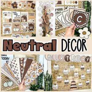 Shows Multiple images of the neutral classroom theme and everything taht comes in the decor bundle with the text "Neutral Decor" in the middle of the image.