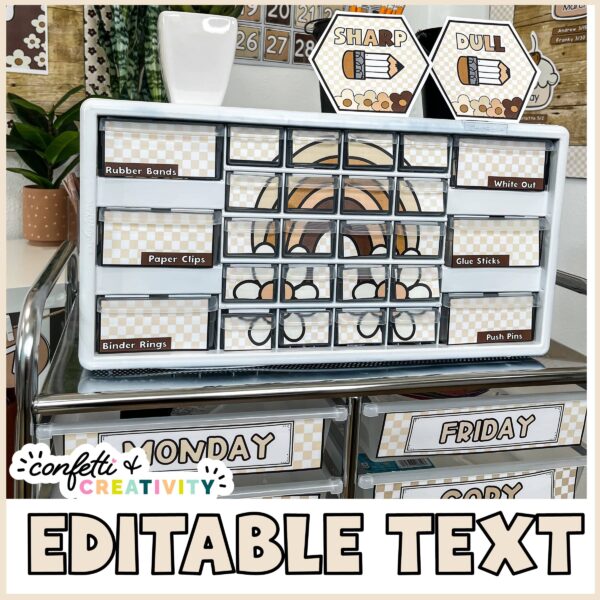 Neutral Classroom Decor Bundle - Neutral Themed Teacher Toolbox Shows the neutral teacher toolbox set up with dull and sharp pencils placed on top of of the toolbox