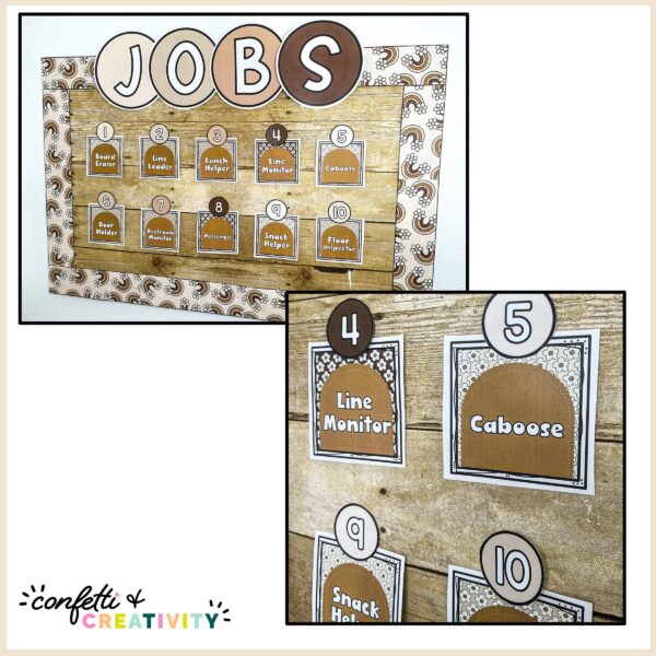 Neutral Classroom Decor Bundle - Classroom Jobs Shows the Neutral Classroom Jobs Board Set up with a close up of the jobs and numbering system