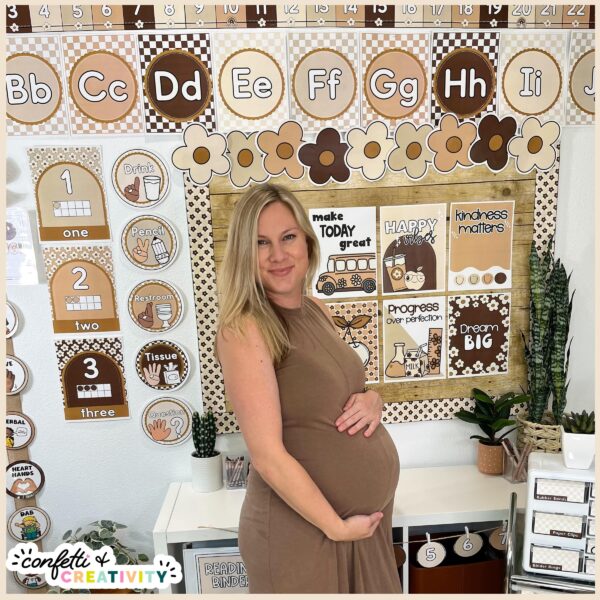 Neutral Classroom Decor Bundle - Picture of Megan Shows Megan wearing a neutral dress in the neutral classroom theme