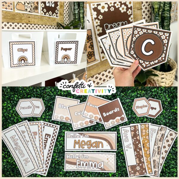 Neutral Classroom Decor Bundle - Multiple Images of Neutral Classroom Theme Shows multiple images of neutral classroom theme items such as classroom labels, alphabet posters, and so much more